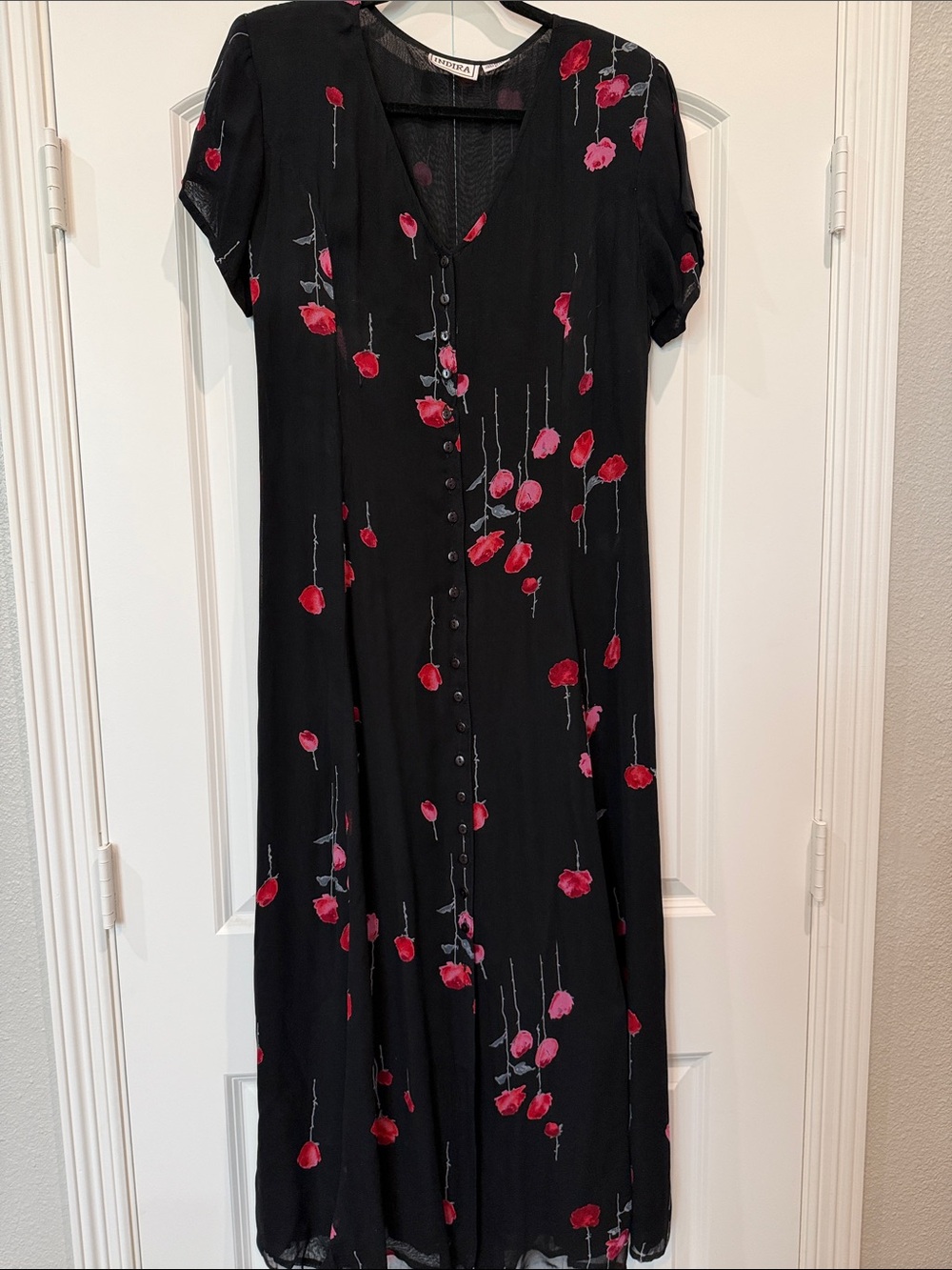 Black Maxi Dress with Red Floral Print and Button Front